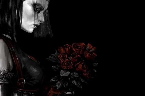 A girl in a veil and a bouquet of roses grieves