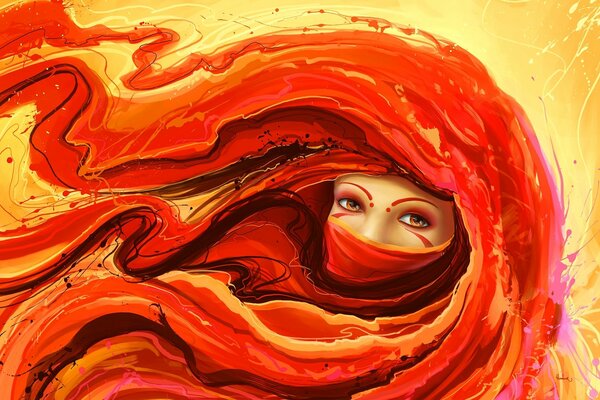 Ragazza rossa disegnata su sfondo giallo