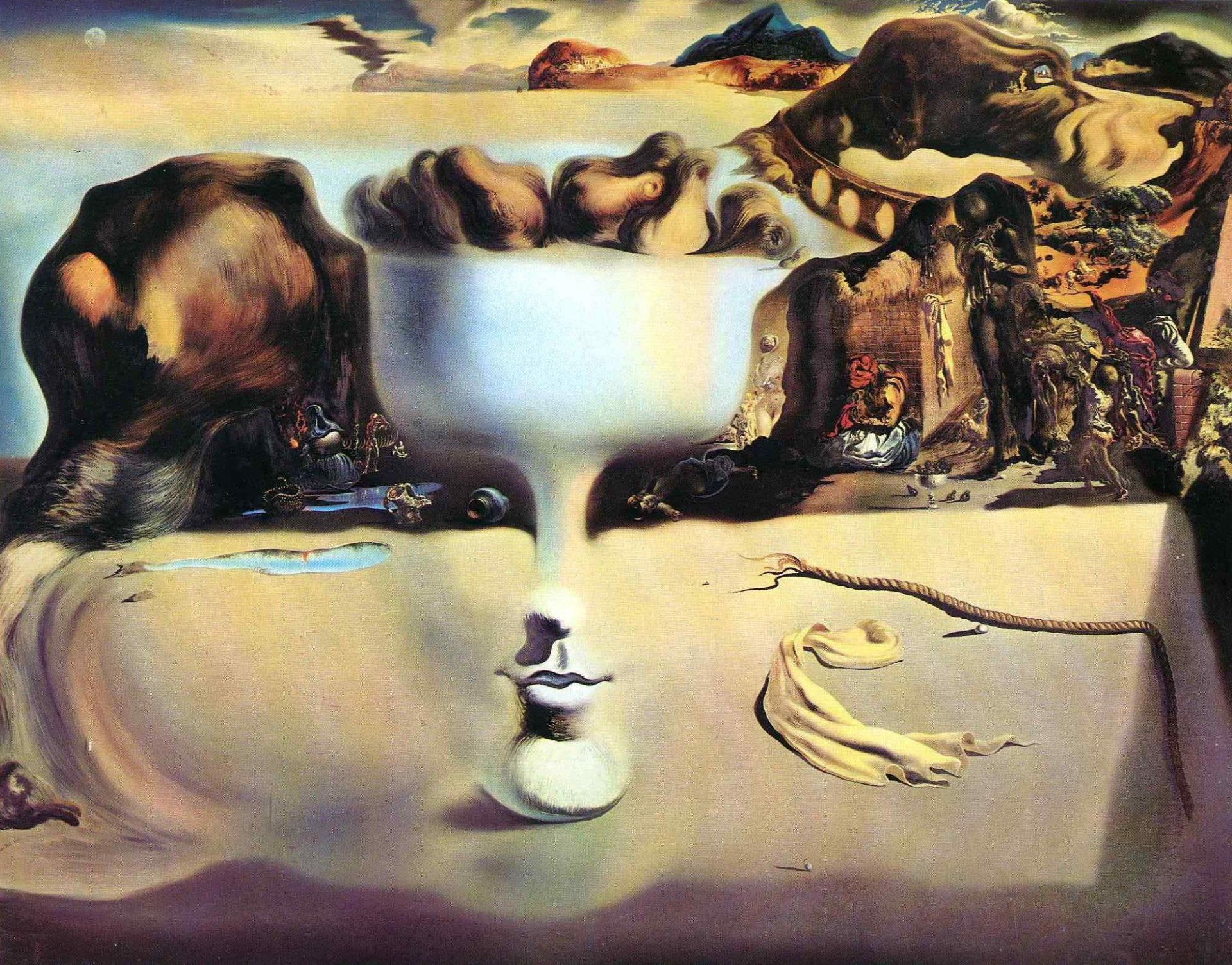 alvador dali painter surrealism pattern apparition of face and fruit dish on a beach 1938