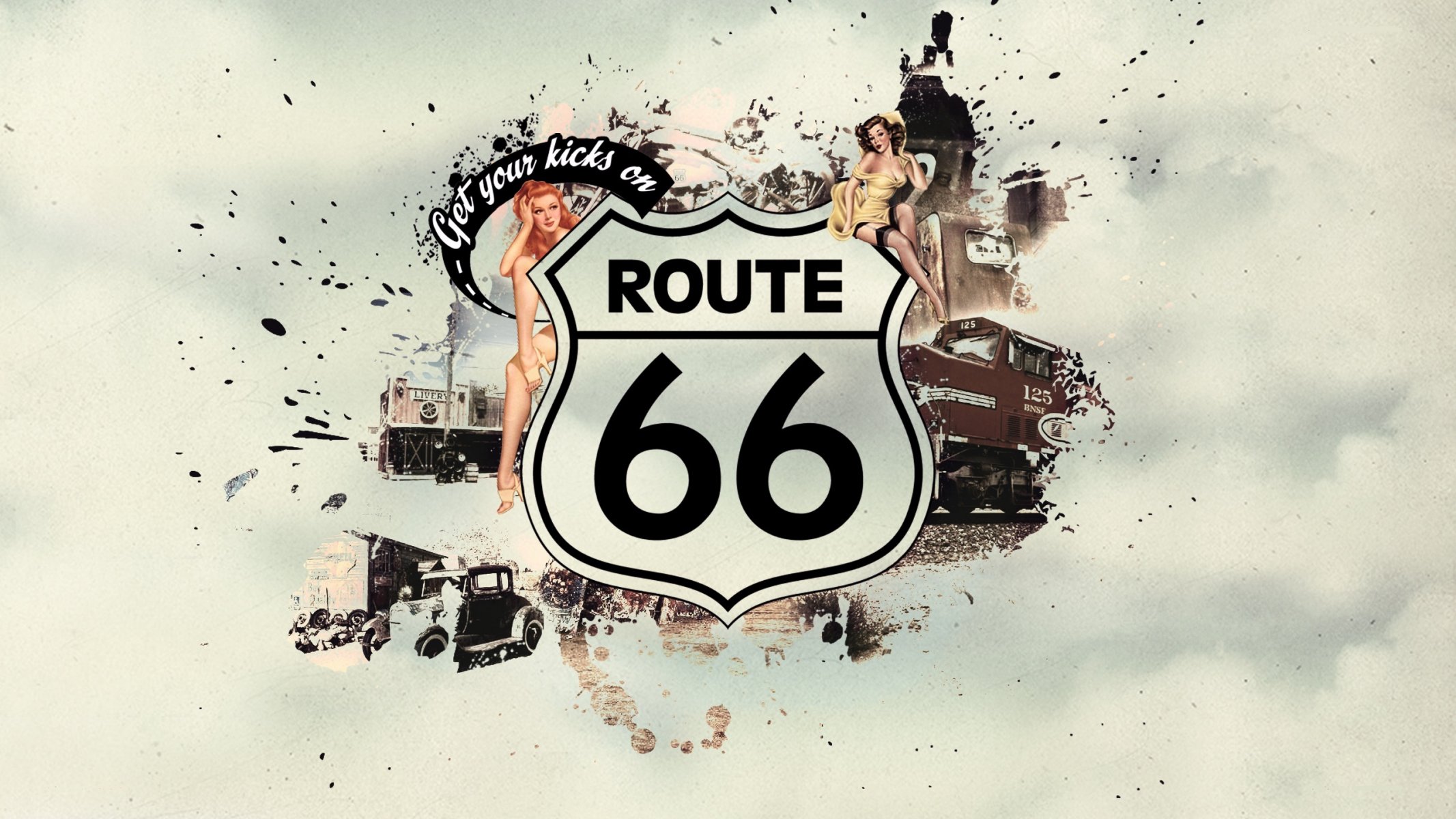 route 66 pin-up style dessin filles train voiture inscription motifs image chemin de fer voiture modèles 2560x1440