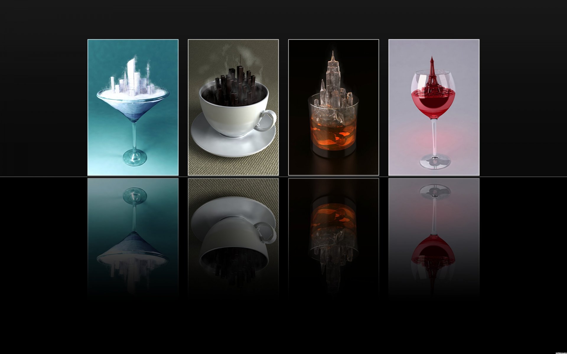 black background reflection drinks tea coffee glass glass ice cream