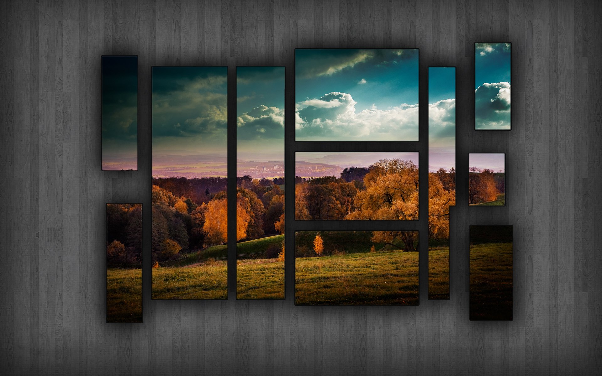 fenster herbst mosaik puzzle wald feld wolken