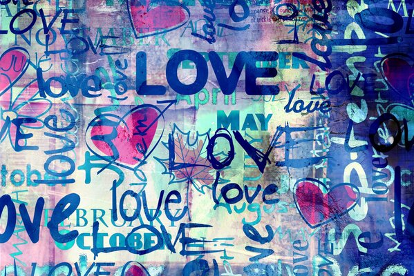 Надписи о любви и сердца на голубом фоне