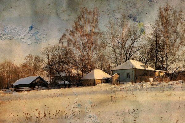 Snow-covered houses in the winter season