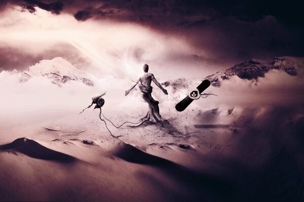 Creative wallpaper with a man on a snowboard