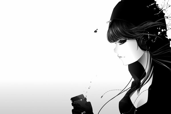 Black and white graphics, girl with music