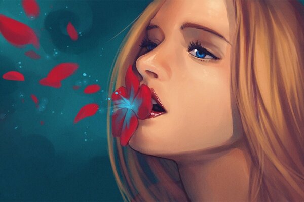 Graphic image of a girl with a rose petal from her mouth