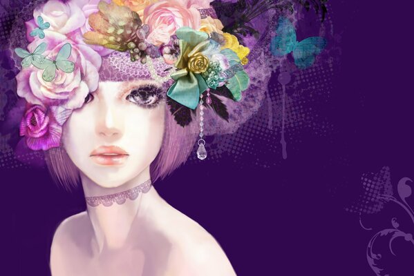 Fond violet art avec fille et fleurs dans les cheveux