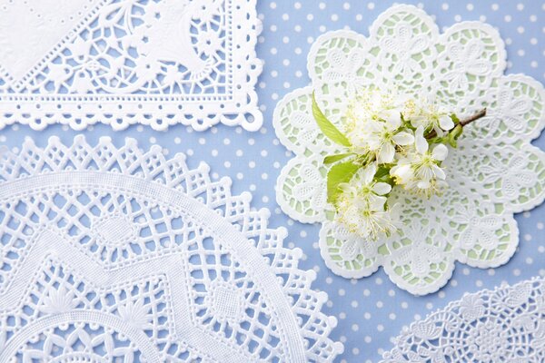 La branche repose sur des serviettes en dentelle