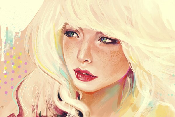 Blonde with freckles drawing on the desktop