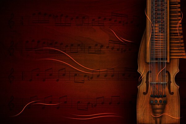 Sheet music and musical instrument on a red background