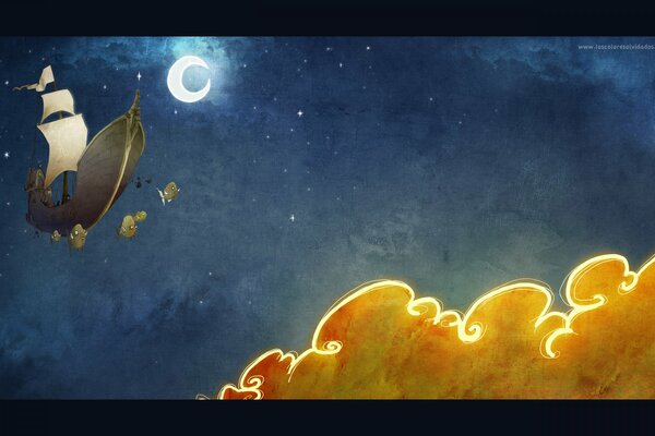 A flying ship with fish in the night sky