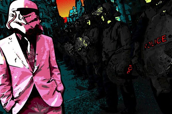 Stylish man in a mask and pink suit