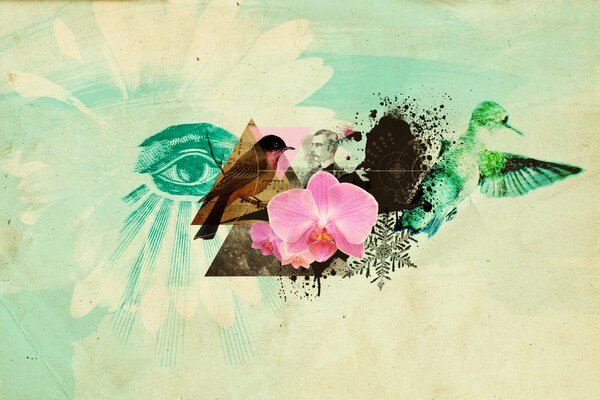 Collage of flowers with birds on a green background