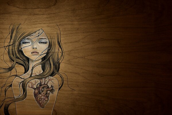 Drawing of a girl with a heart on a background of wood texture