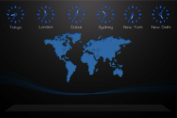Mapa czasu różnych miast na czarnym tle