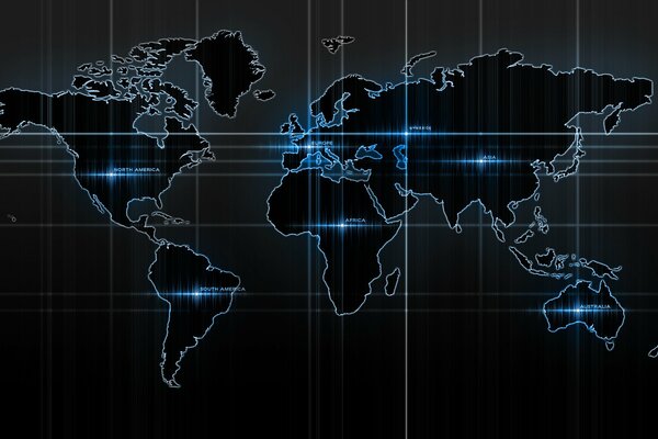 Mapa del mundo sobre fondo negro en luz de neón