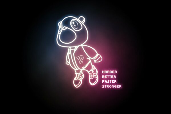 Personaggio dei cartoni animati al neon che canta il testo del ritornello della canzone della band daft punk-harder better faster stronger