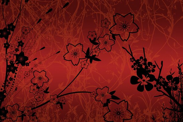 Fleurs noires et branches sur fond rouge