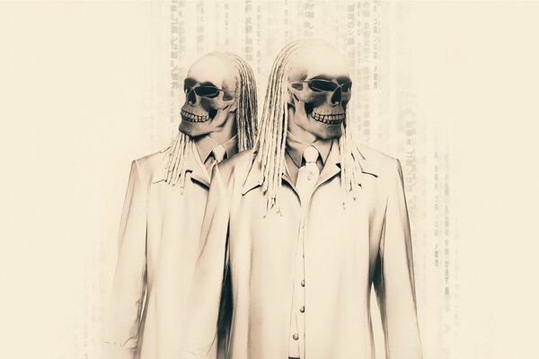 Skeletons in white suits with dreadlocks