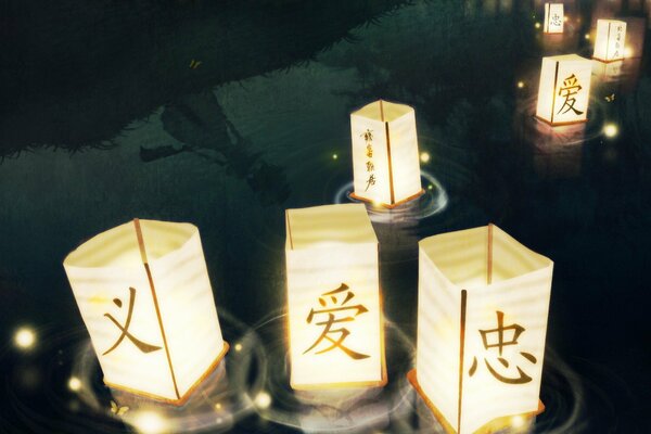 Lanterns with hieroglyphs on the table glow