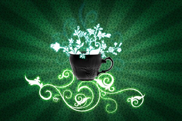 Motif sur une tasse de thé vert avec des fleurs