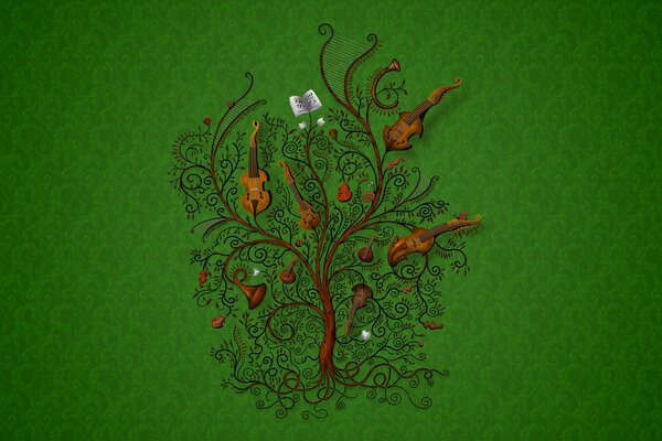 On a tree musical instruments background green