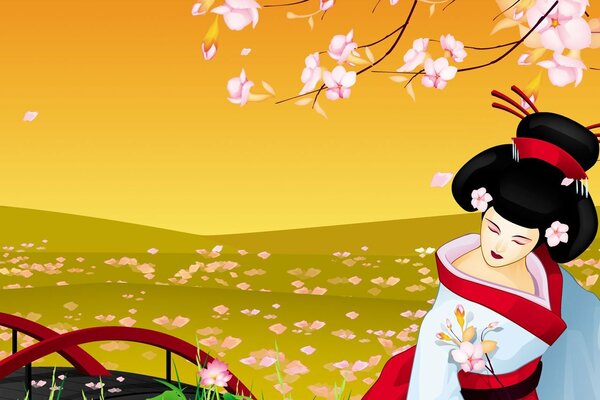 Geisha in Japan during the flowering of saura