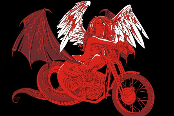 Dziewczyna ze skrzydłami na czerwonym motocyklu