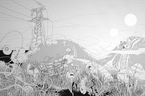 Paisaje de línea eléctrica en blanco y negro