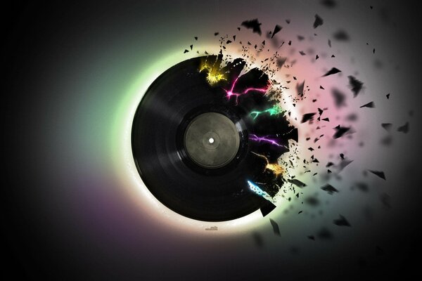 Pieces of a vinyl record fly apart like music