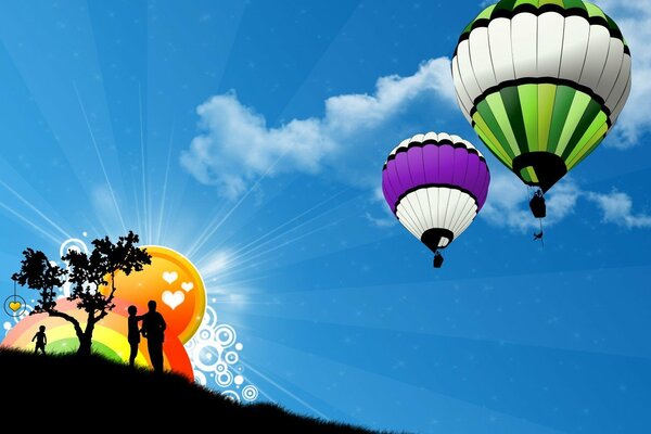 Люди в радуге смотрят на воздушные шары