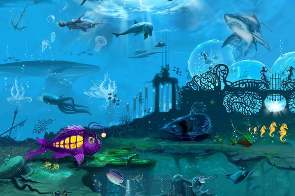 Fantasy drawing. Fabulous underwater world