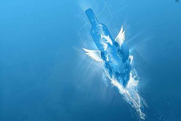 Векторные изображения, бутылка с крыльями на голубом фоне