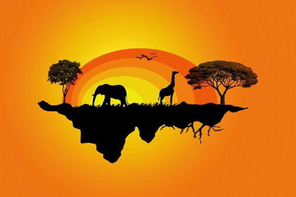 Isla amarilla con jirafa y elefante
