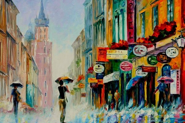 Pittura A Olio raffigurante persone che camminano sotto la pioggia