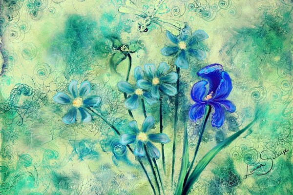 Drawing, blue flowers dragonfly flying above them