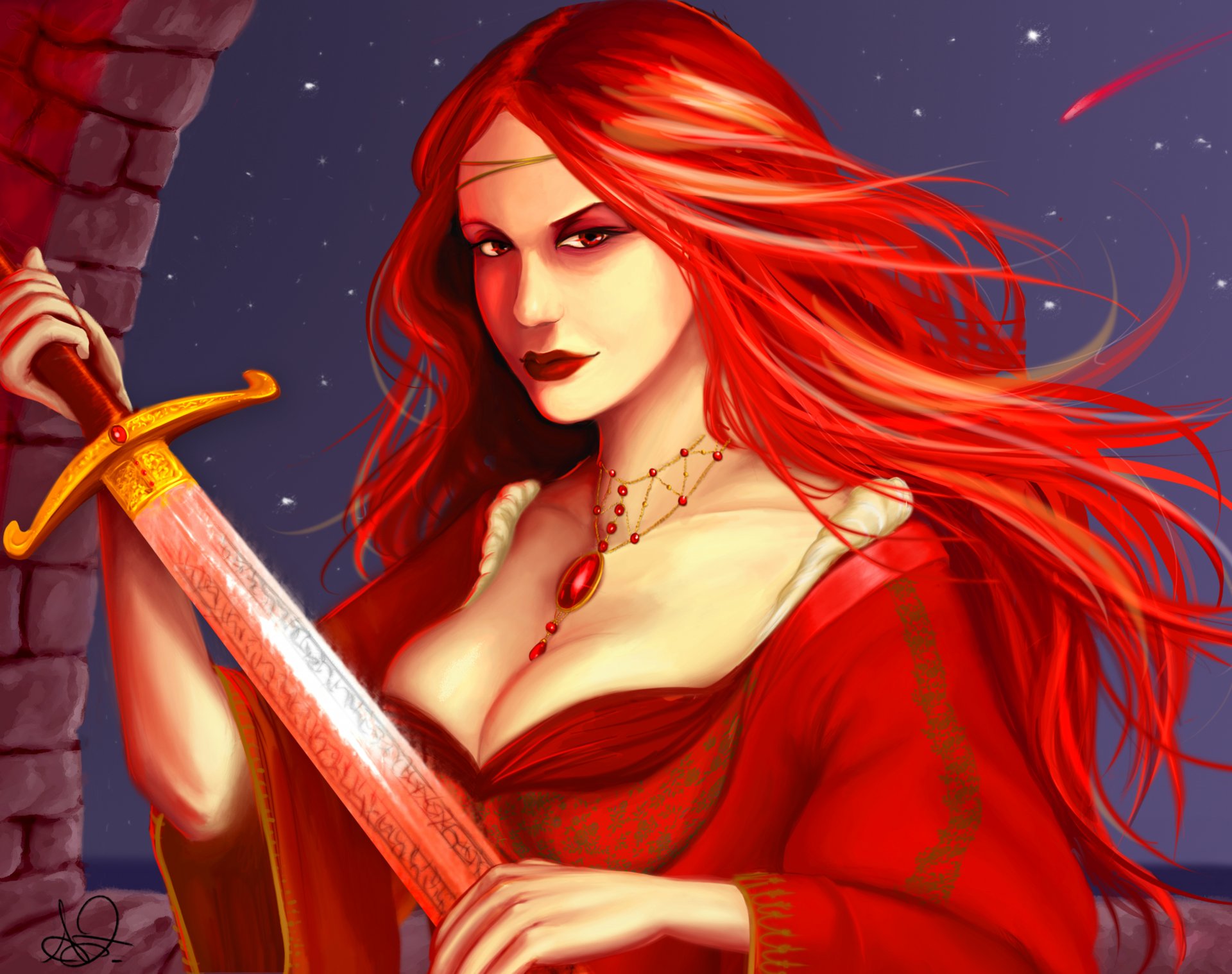 melisandre game of thrones art girl red hair view dress decoration sword pattern