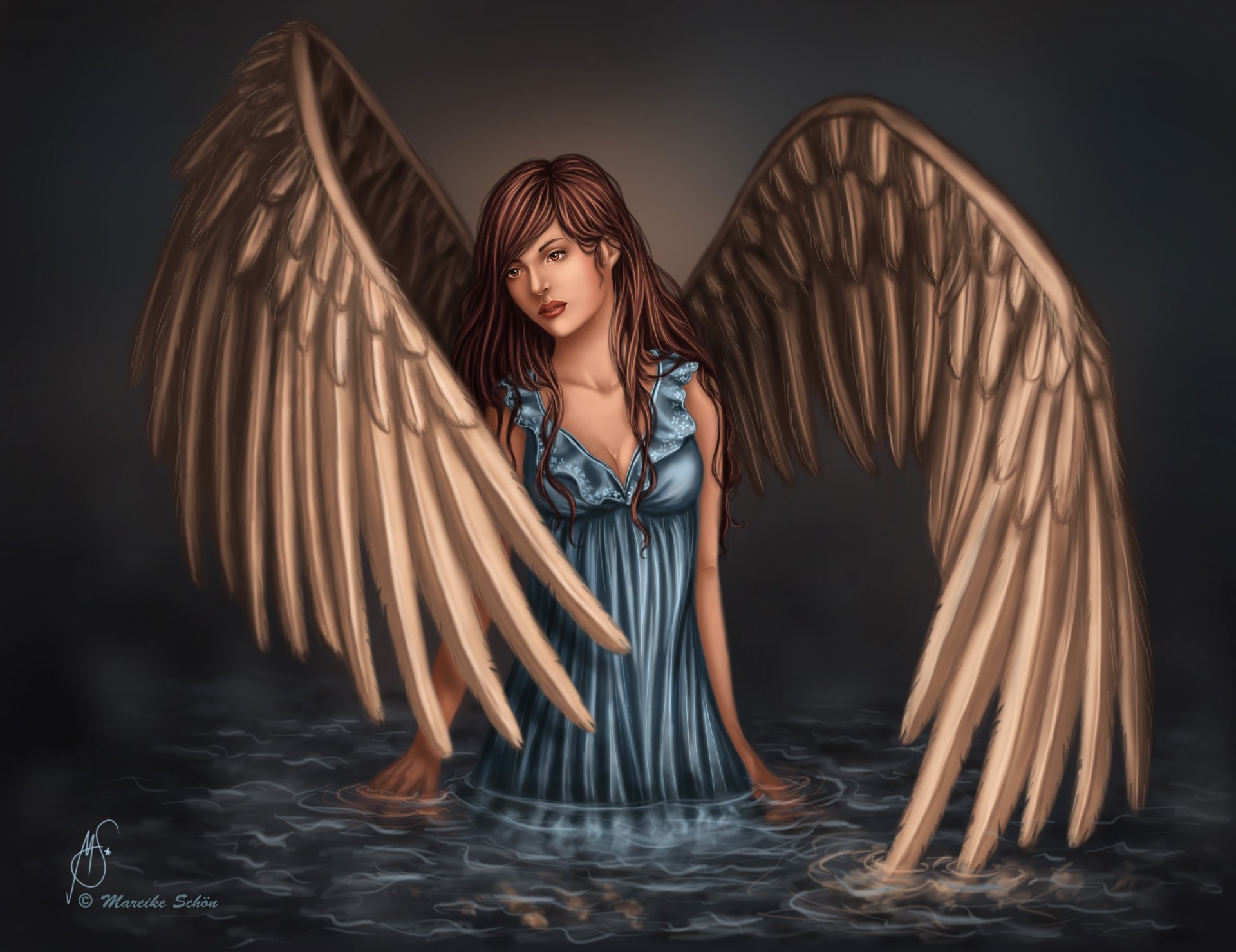 fantasía arte ángel chica alas vestido azul mirada cara agua reflexión