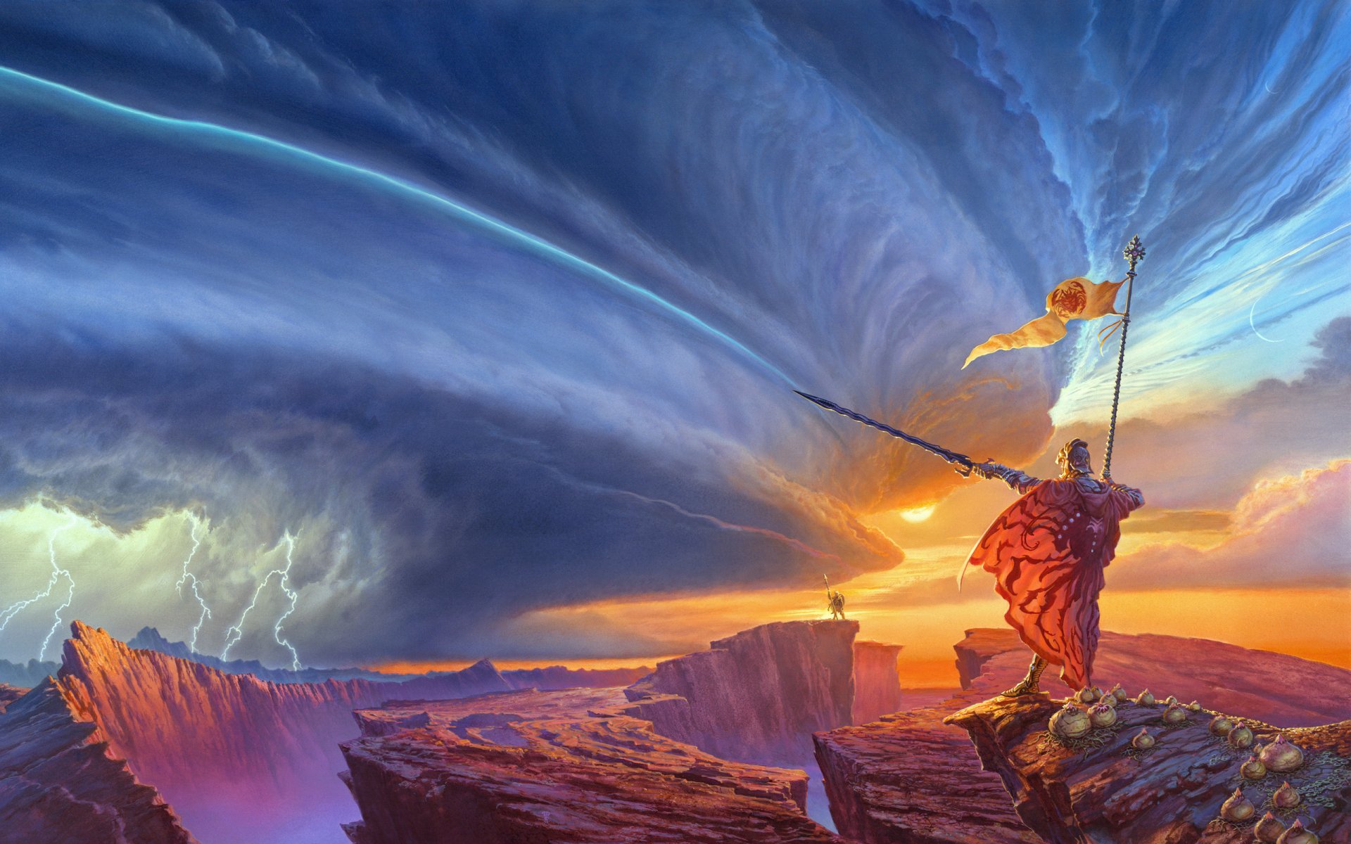 kunst michael whelan illustration zum buch brandon sanderson der weg der könige der weg der könige felsen berge blitz krieg schwert mantel banner klippe sonnenuntergang wolken