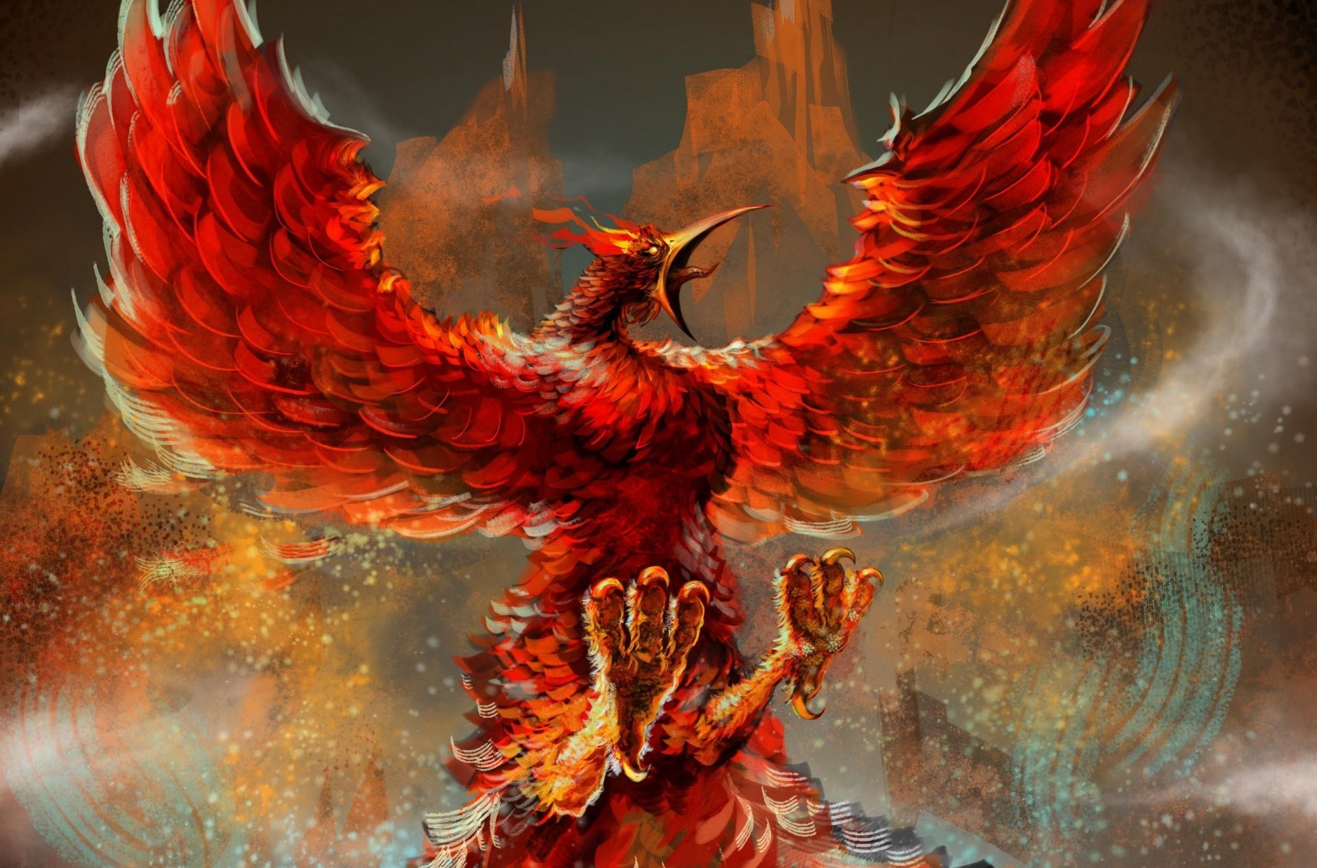 fiction art firebird phoenix beak. fire wings flame