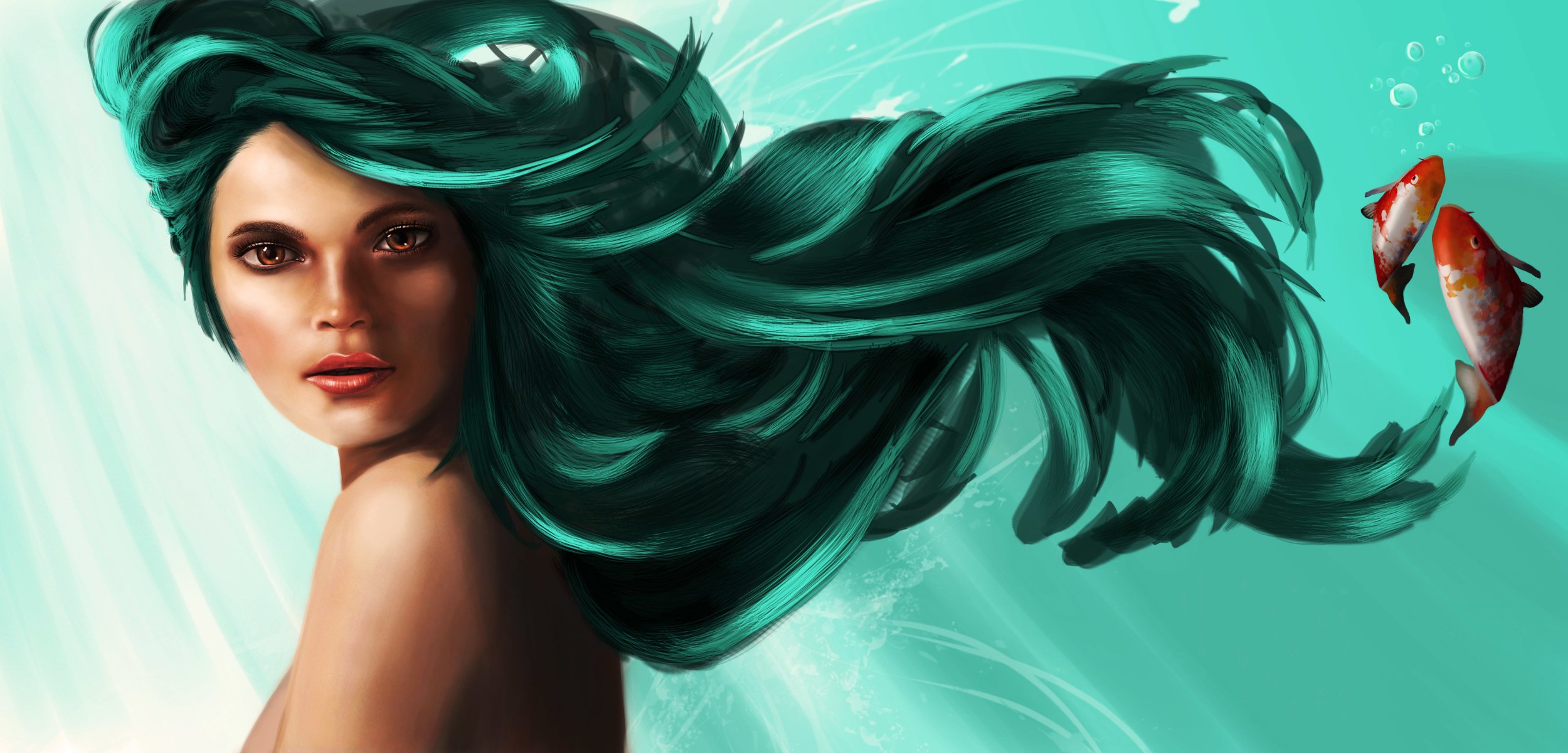 arte ragazza sirena sguardo faccia capelli verdi spalle pesci oceano acqua