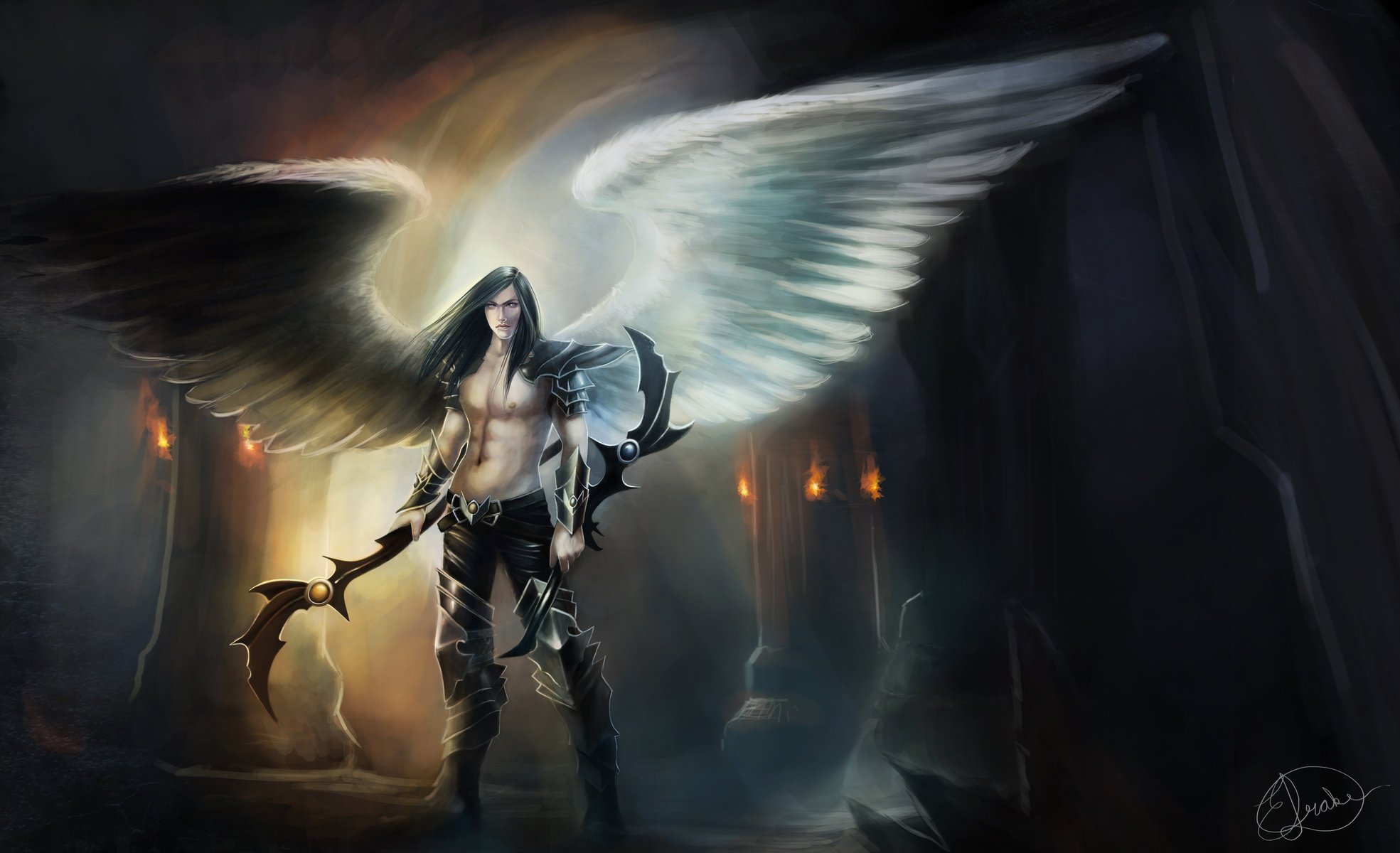 fiction art angel demon wings weapon. view guy