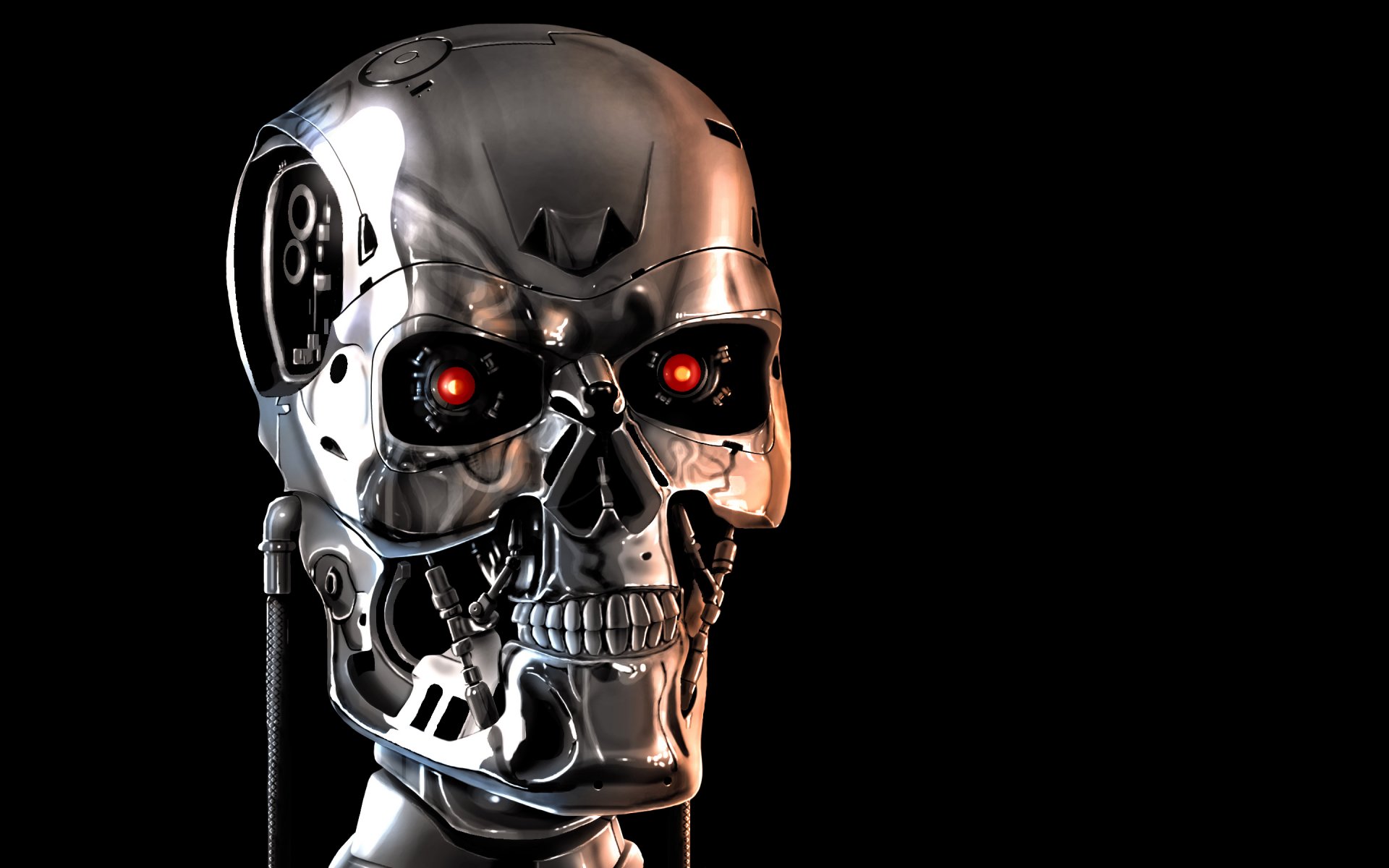 terminator robot cráneo esqueleto mecanismo fondo negro cara ojos rojos