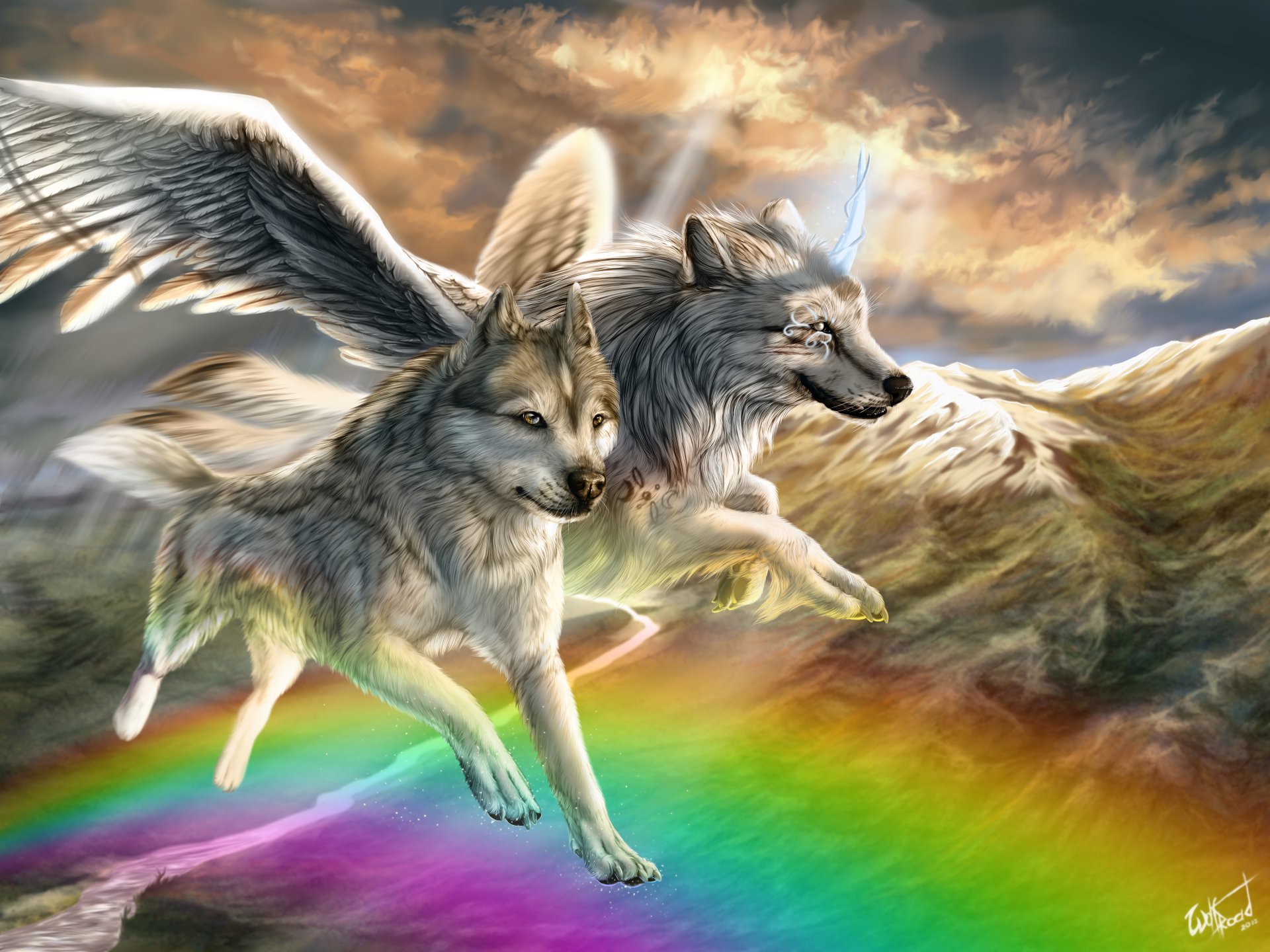 art fiction animals wolves the pair wings mountain river rainbow