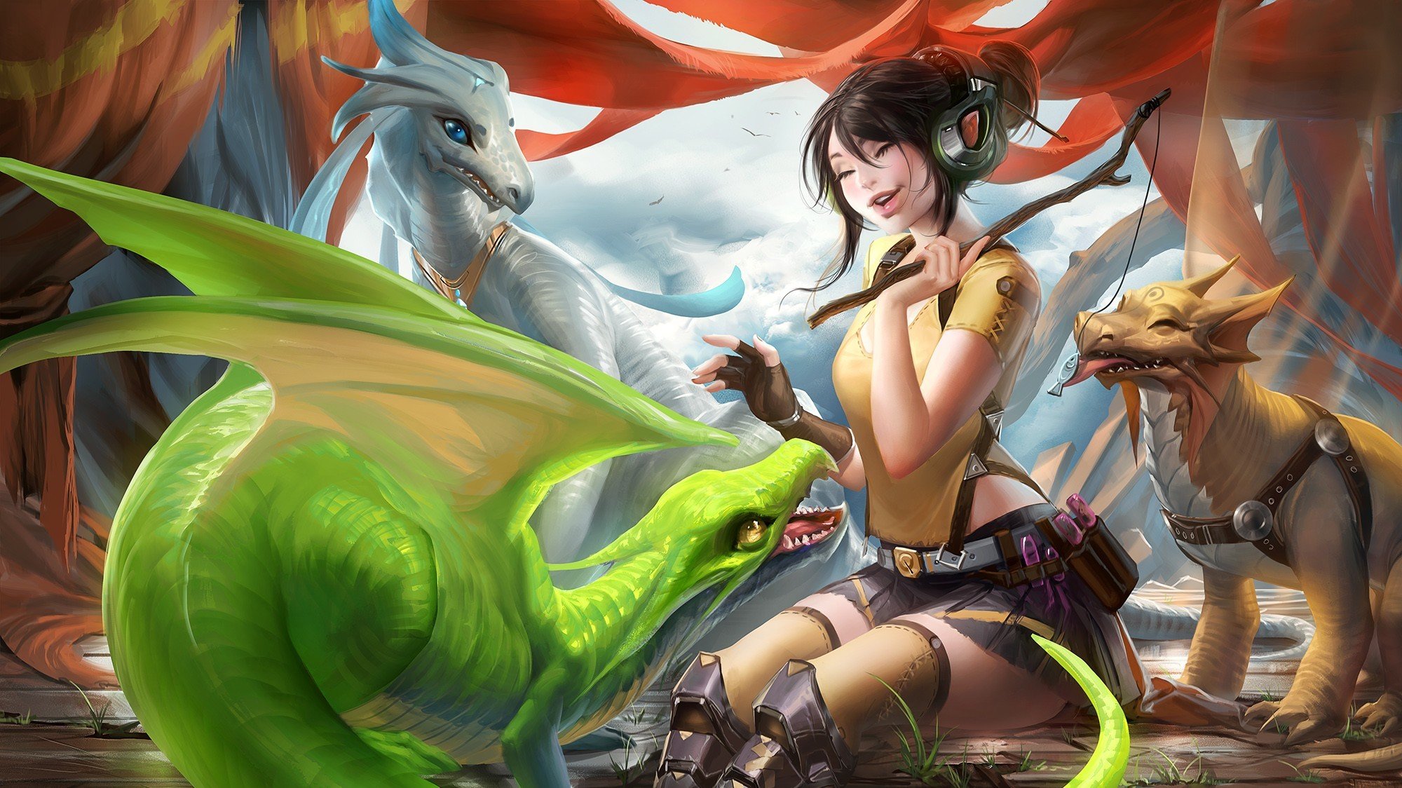 art sakimichan fille casque dragons baguette jeu délicatesse émotion rire poisson