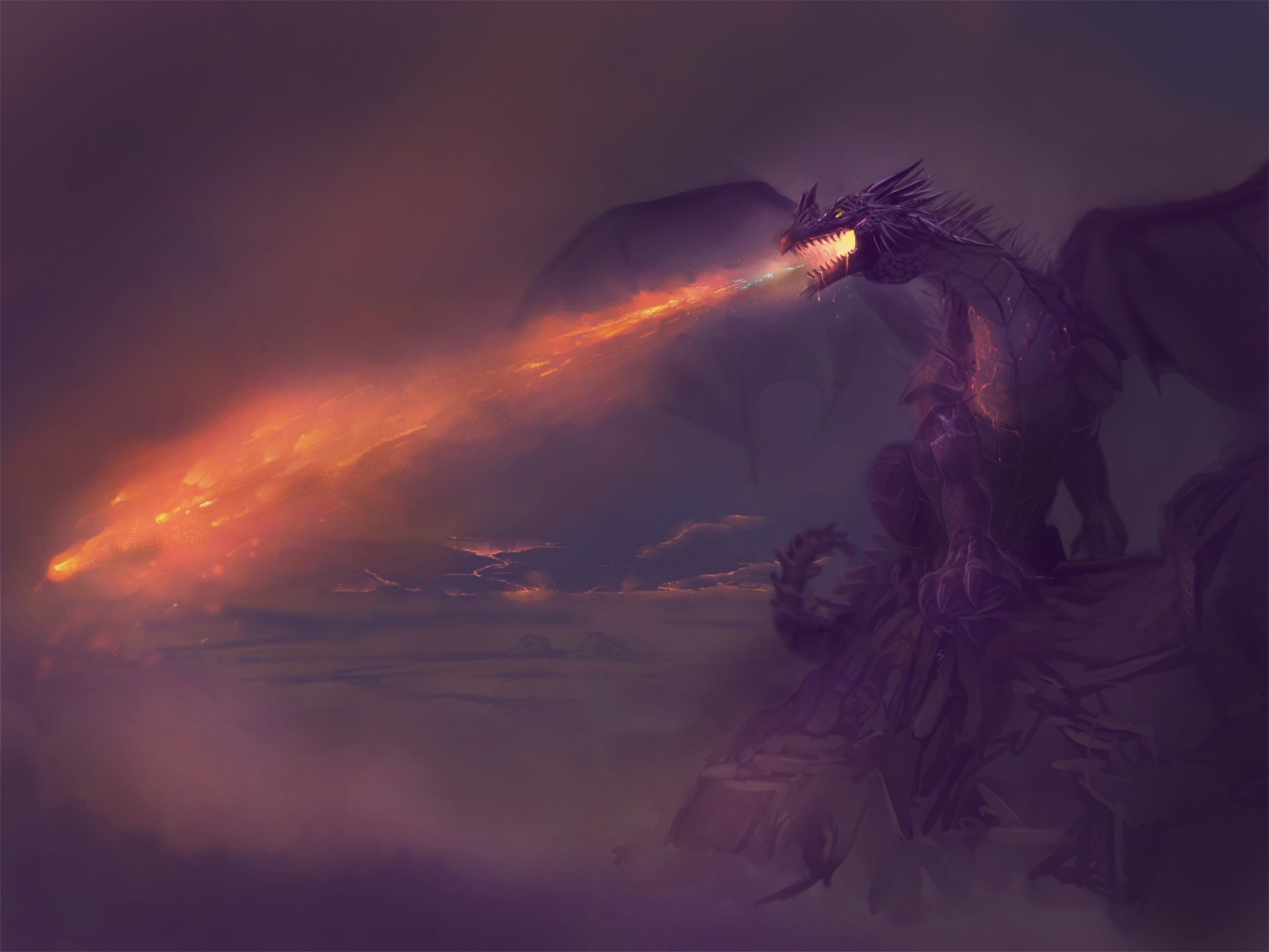 fiction art dragon fire-breathing fire rock clouds sky