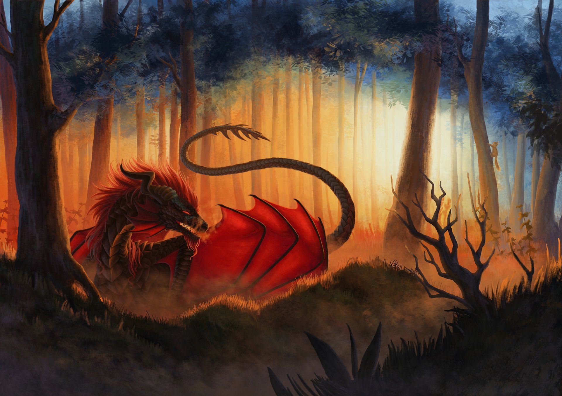 fiction art dragon wings fall view tail forest tree