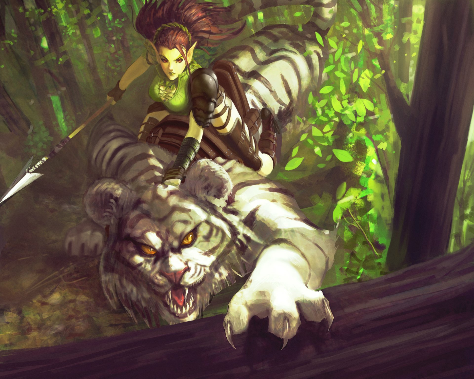 art fantasy forest elf girl tiger predator