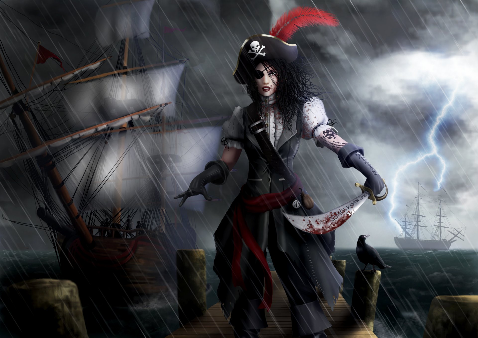 arte ryan jones chica pirata lluvia barcos mar sable sangre rayo pluma triángulo guantes diadema